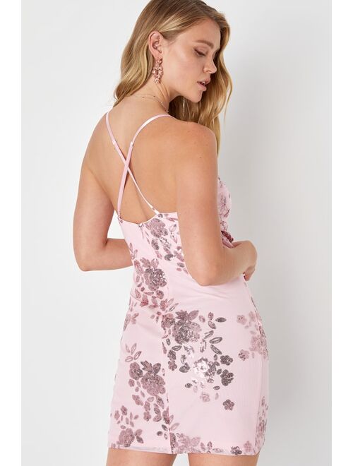 Lulus Wondrous Sparkle Pink Floral Sequin Homecoming Bodycon Mini Dress