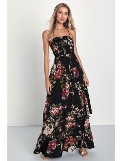 Enchanting Blossom Black Floral Satin Lace-Up Tiered Maxi Dress