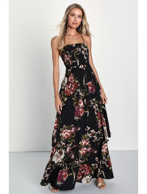 Lulus Enchanting Blossom Black Floral Satin Lace-Up Tiered Maxi Dress