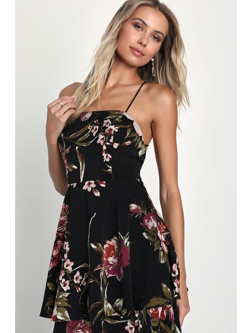 Lulus Enchanting Blossom Black Floral Satin Lace-Up Tiered Maxi Dress