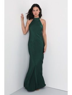Astounding Elegance Emerald Green Satin Halter Maxi Dress