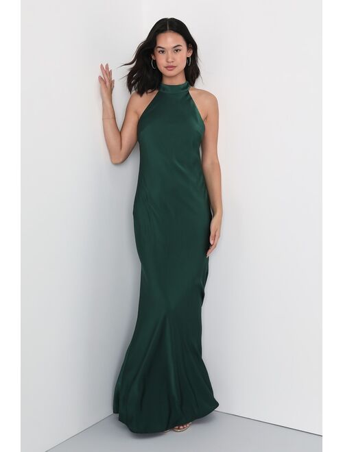 Lulus Astounding Elegance Emerald Green Satin Halter Maxi Dress