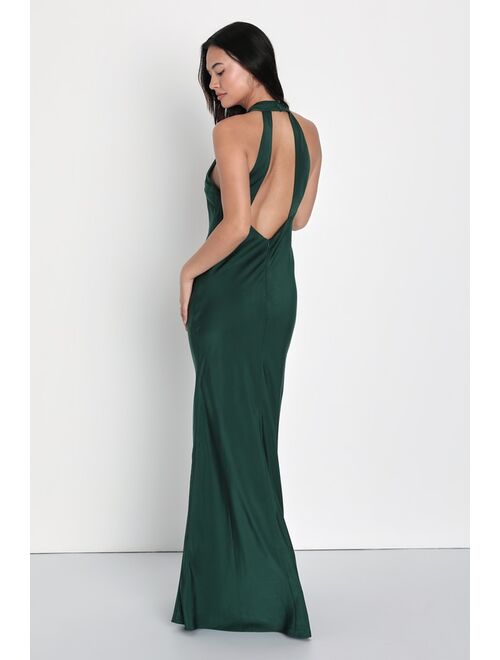 Lulus Astounding Elegance Emerald Green Satin Halter Maxi Dress