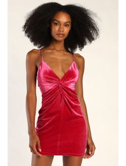 Flirty Era Hot Pink Velvet Twist-Front Homecoming Bodycon Mini Dress