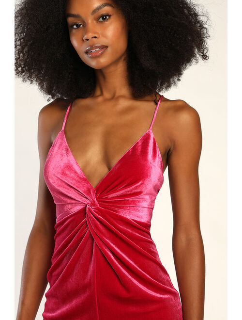 Lulus Flirty Era Hot Pink Velvet Twist-Front Homecoming Bodycon Mini Dress
