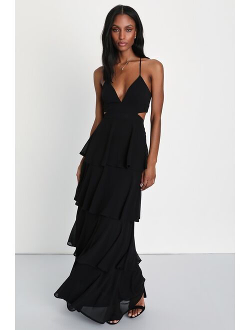 Lulus Tier and Now Black Tie-Back Tiered Maxi Dress