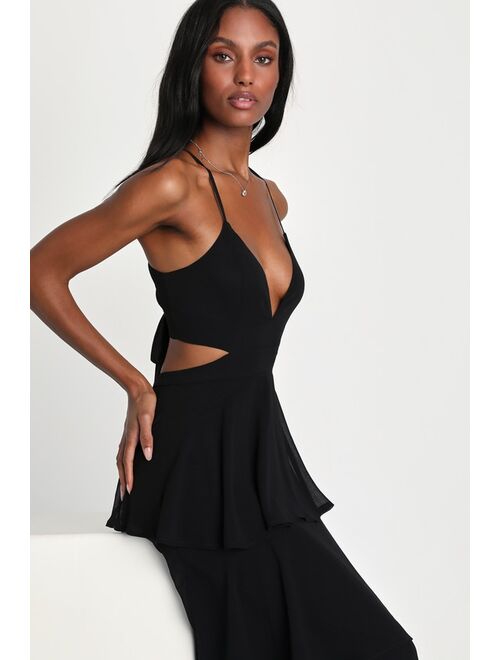 Lulus Tier and Now Black Tie-Back Tiered Maxi Dress