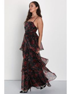 Marvelous Essence Black Floral Organza Lace-Up Tiered Maxi Dress
