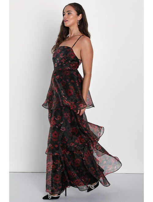 Lulus Marvelous Essence Black Floral Organza Lace-Up Tiered Maxi Dress
