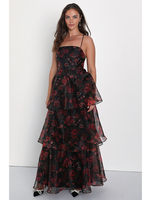 Lulus Marvelous Essence Black Floral Organza Lace-Up Tiered Maxi Dress