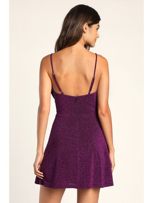 Lulus Talk About Shine Purple Sparkly Sleeveless Skater Mini Dress