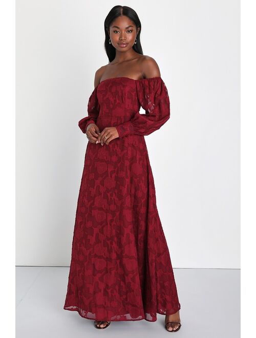 Lulus Radiantly Stunning Wine Red Burnout Off-the-Shoulder Maxi Dress