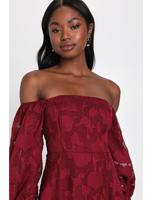 Lulus Radiantly Stunning Wine Red Burnout Off-the-Shoulder Maxi Dress