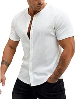 Men's Short Sleeve Button Down Shirt Casual Summer Solid Shirts Top