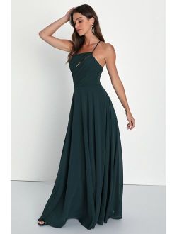 Extraordinary Elegance Emerald Pleated One-Shoulder Maxi Dress