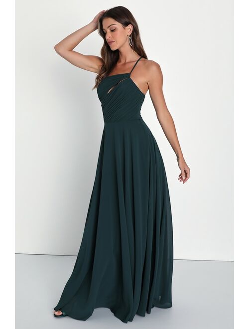 Lulus Extraordinary Elegance Emerald Pleated One-Shoulder Maxi Dress