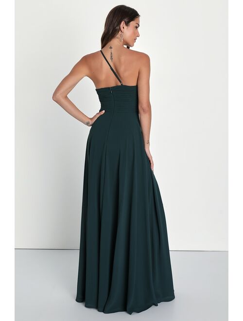 Lulus Extraordinary Elegance Emerald Pleated One-Shoulder Maxi Dress