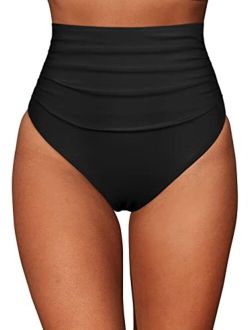Women's High Waisted Bikini Bottom Retro Ruched Tankini Brief Tummy Control Swim Bottoms