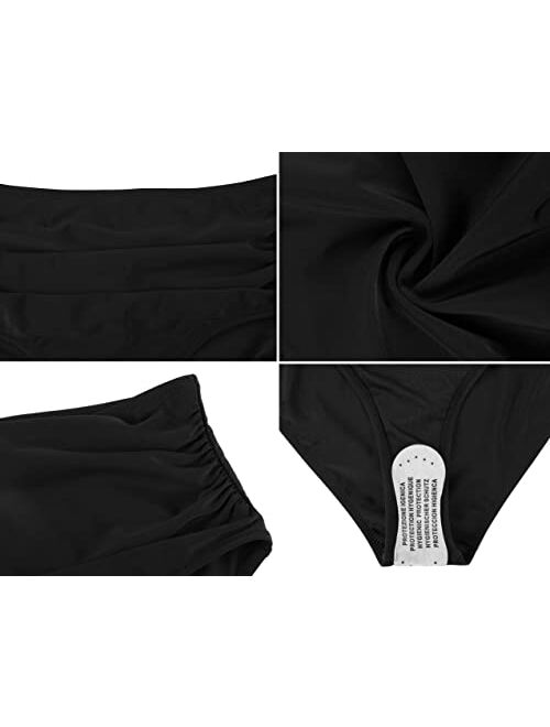 Firpearl Women's High Waisted Bikini Bottom Retro Ruched Tankini Brief Tummy Control Swim Bottoms