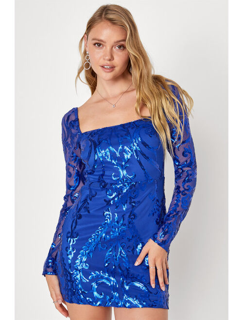 Lulus Ultimate Glow Royal Blue Sequin Long Sleeve Homecoming Bodycon Mini Dress