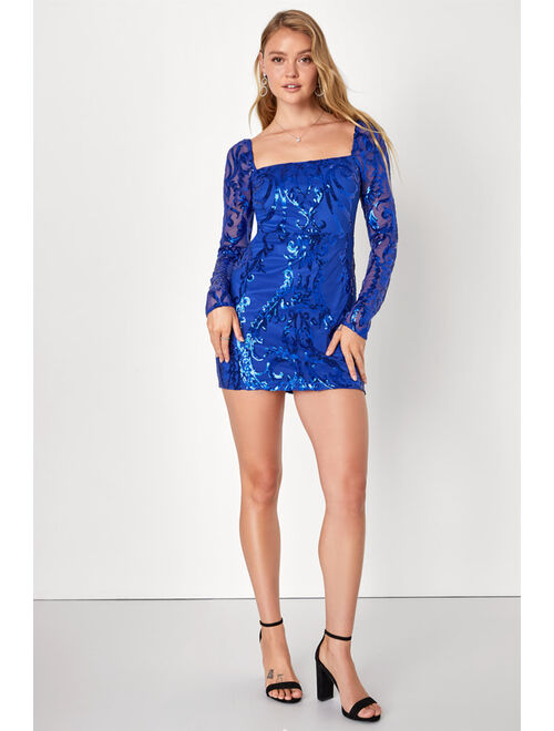 Lulus Ultimate Glow Royal Blue Sequin Long Sleeve Homecoming Bodycon Mini Dress