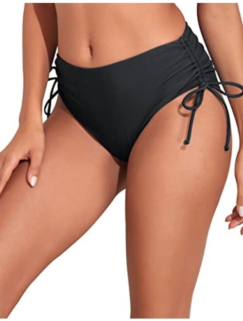 Firpearl Mid Rise Bikini Bottoms for Women Side Tie Adjustable Bathing Suit Bottoms Full Coverage Tankini Swim Briefs