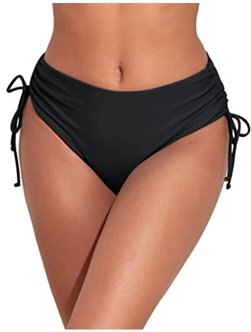 Firpearl Mid Rise Bikini Bottoms for Women Side Tie Adjustable Bathing Suit Bottoms Full Coverage Tankini Swim Briefs
