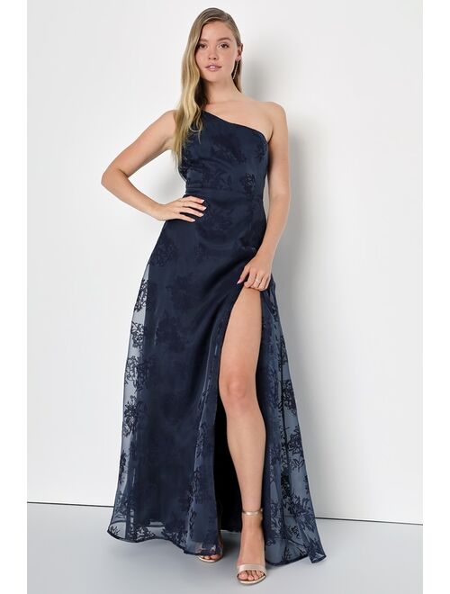 Lulus Dreamy Romantic Navy Blue Burnout Floral One-Shoulder Maxi Dress