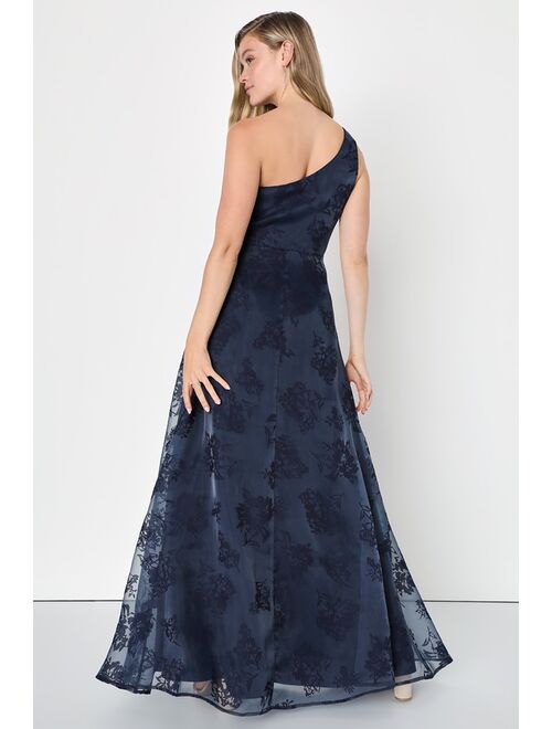 Lulus Dreamy Romantic Navy Blue Burnout Floral One-Shoulder Maxi Dress