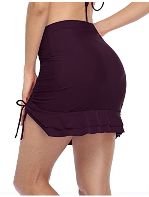Firpearl Women's Swim Skirt Ruffled Bikini Bottoms Drawstring Swimsuit Bottom