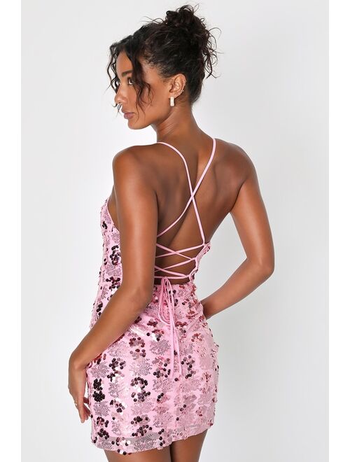 Lulus Love to Celebrate Pink Sequin Lace-Up Mini Homecoming Bodycon Dress