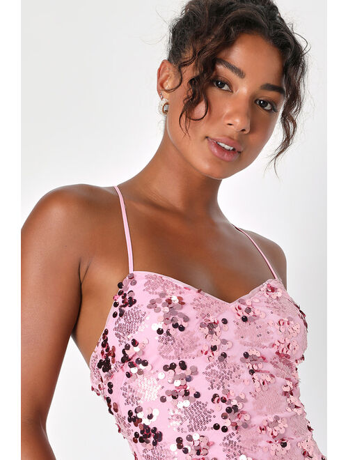 Lulus Love to Celebrate Pink Sequin Lace-Up Mini Homecoming Bodycon Dress