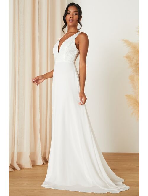 Lulus Adoring Vow White Chiffon Sheer Mesh Sequin A-Line Maxi Dress