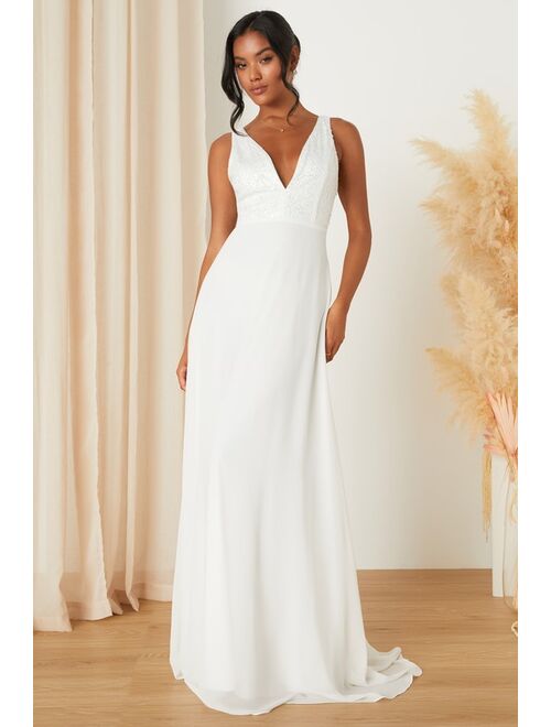 Lulus Adoring Vow White Chiffon Sheer Mesh Sequin A-Line Maxi Dress