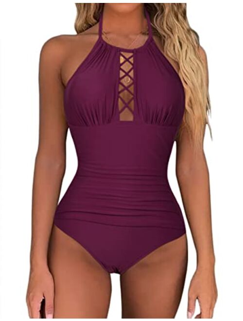 Firpearl Women's One Piece Swimsuits High Neck Cutout Ruched Tummy Control Swimwear