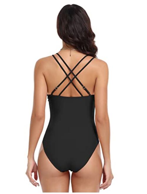 Firpearl Underwire One Piece Swimsuits for Women Sexy Cutout Monokini Ruched Tummy Control Bathing Suits Cross Back Swimwear