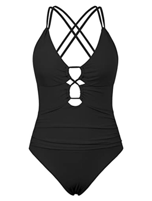 Firpearl Underwire One Piece Swimsuits for Women Sexy Cutout Monokini Ruched Tummy Control Bathing Suits Cross Back Swimwear