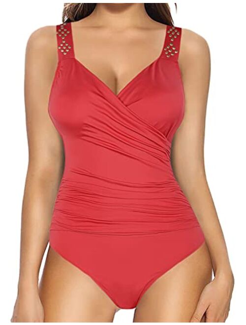 Firpearl Women Wrap V Neck One Piece Bathing Suits Surplice Shirred Swimwear Tummy Control Swimsuits