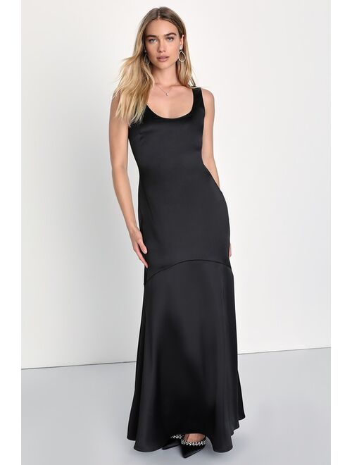 Lulus Enchanting Sophistication Black Satin Mermaid Maxi Dress