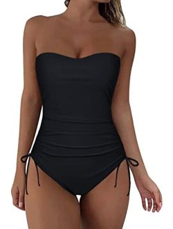 Strapless One Piece Bathing Suit for Women Ruched Tummy Control Bandeau Swimsuits Slimming Tube Top Swimwear