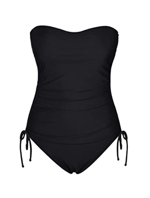 Firpearl Strapless One Piece Bathing Suit for Women Ruched Tummy Control Bandeau Swimsuits Slimming Tube Top Swimwear