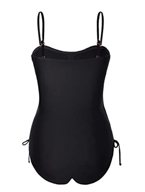 Firpearl Strapless One Piece Bathing Suit for Women Ruched Tummy Control Bandeau Swimsuits Slimming Tube Top Swimwear