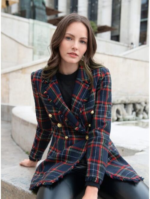 SHEIN LUNE Lapel Collar Fringe Trim Tartan Blazer