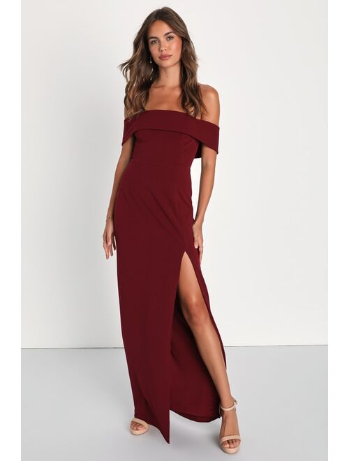 Lulus Enchanting Romantic Burgundy Off-the-Shoulder Maxi Dress
