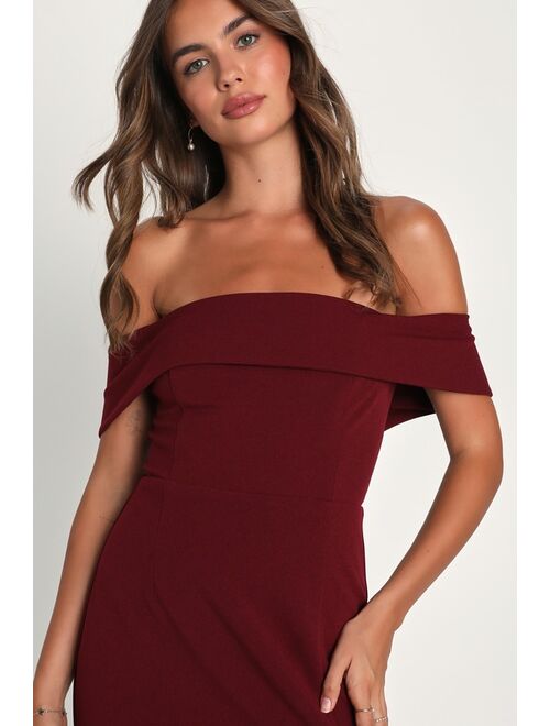 Lulus Enchanting Romantic Burgundy Off-the-Shoulder Maxi Dress