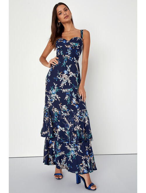 Lulus Stunning Sweetness Navy Blue Floral Burnout Maxi Dress