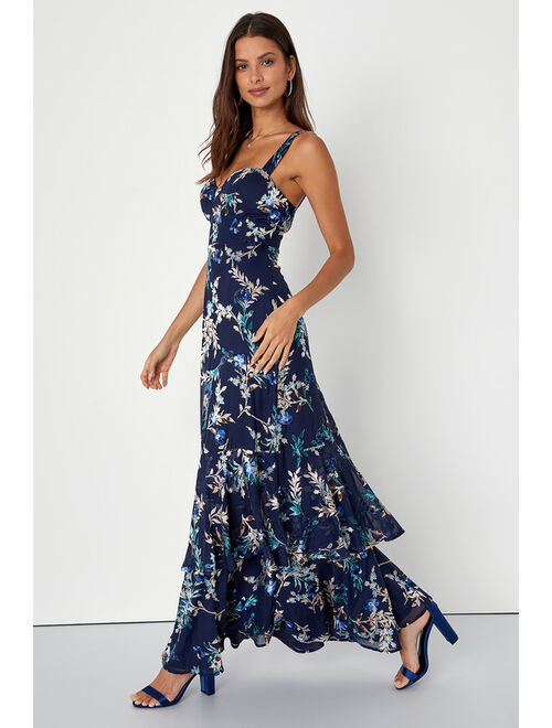 Lulus Stunning Sweetness Navy Blue Floral Burnout Maxi Dress