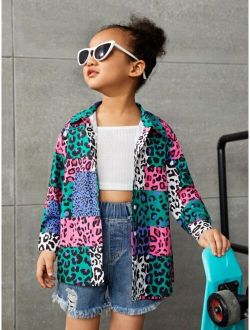 Kids Cooltwn Toddler Girls Leopard Print Colorblock Drop Shoulder Shirt