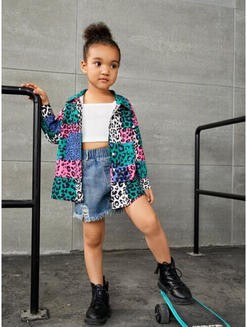 SHEIN Kids Cooltwn Toddler Girls Leopard Print Colorblock Drop Shoulder Shirt