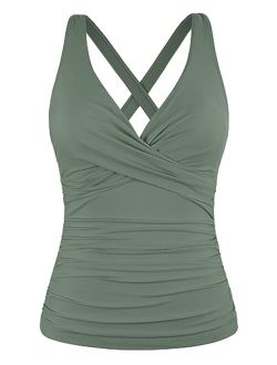 Women's Underwire Tankini Top Only Twist V Neck Swimsuits for Big Busted Ruched Tummy Control Bathing Suits Top
